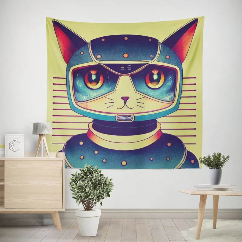 Futuristic Robot Cat Portrait Wall Tapestry