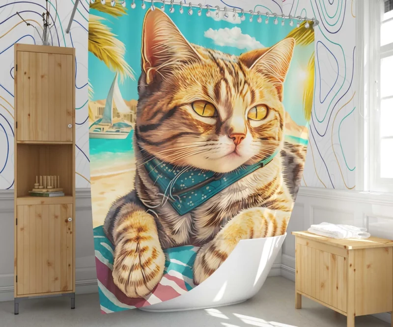Realistic Cat Sketch on Vacation Shower Curtain 1