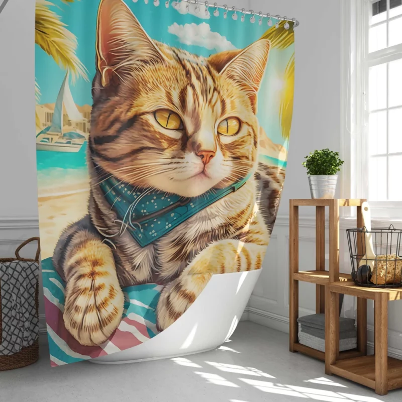 Realistic Cat Sketch on Vacation Shower Curtain