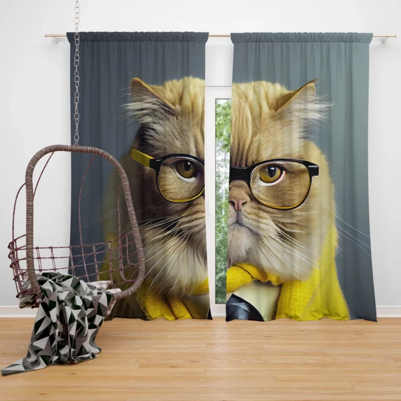 Smart Professor Cat Illustration Window Curtain