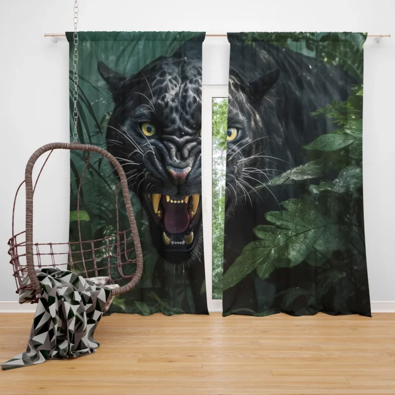Angry Black Panther in Jungle Window Curtain