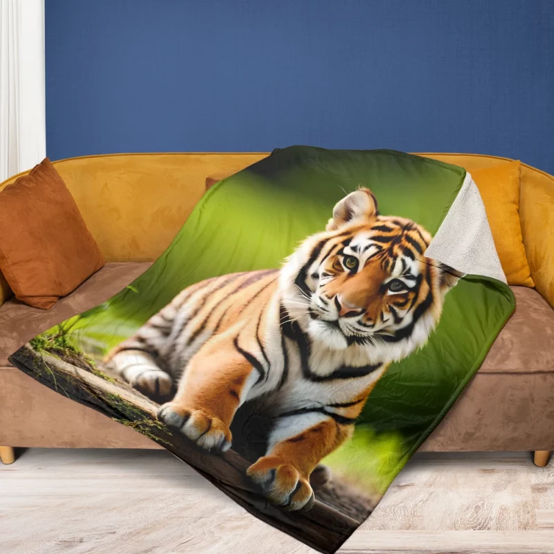 Bengal Tiger Sitting on Log Fleece Blanket 1