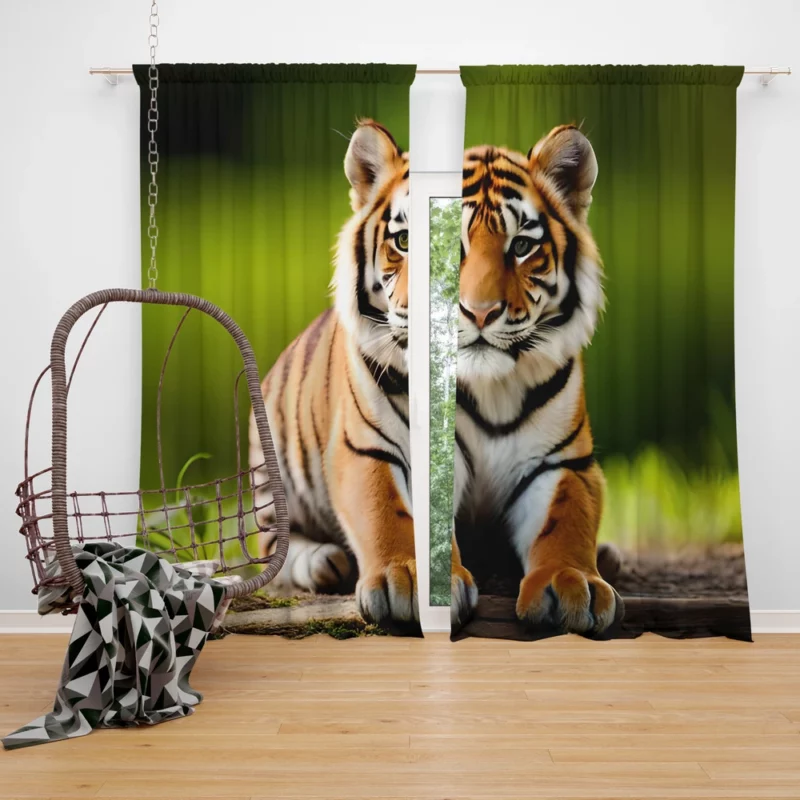 Bengal Tiger Sitting on Log Window Curtain