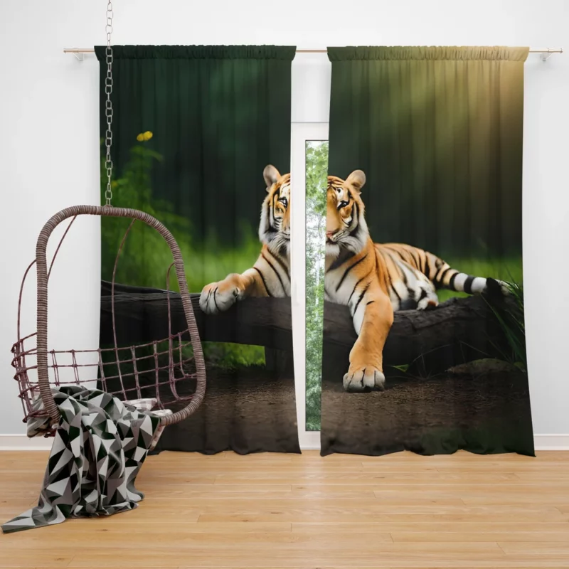 Bengal Tiger on a Log in Woods Window Curtain