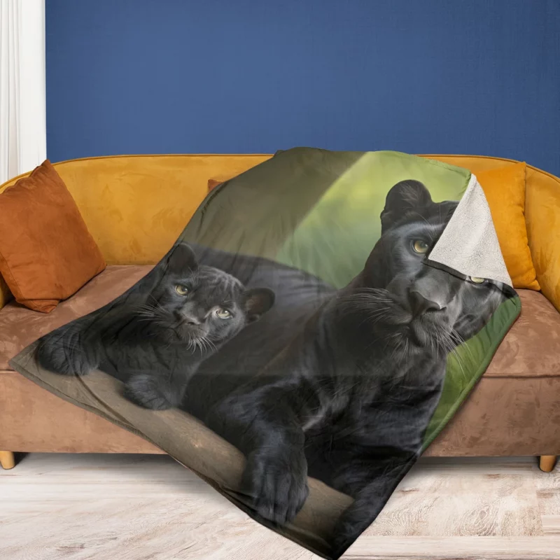 Black Panther with Cub in Nature Fleece Blanket 1