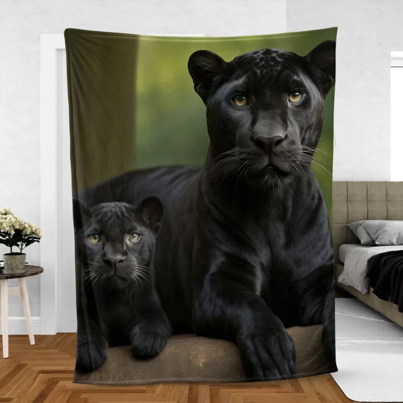 Black Panther with Cub in Nature Fleece Blanket