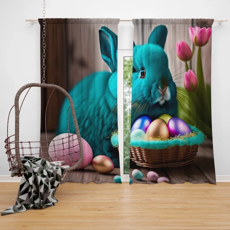 Blue Bunny With Easter Basket Window Curtain