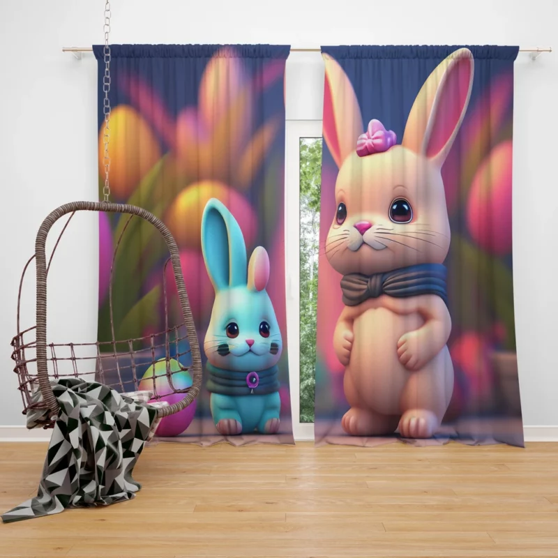 Bunnies With Colorful Easter Eggs Window Curtain