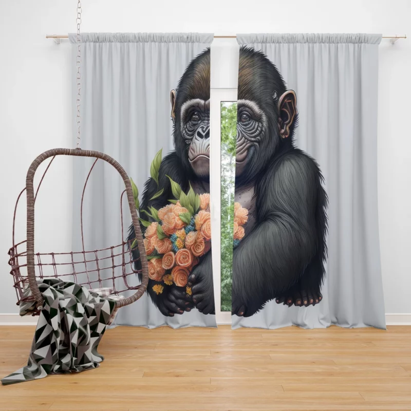 Chimpanzee With Flowers Window Curtain