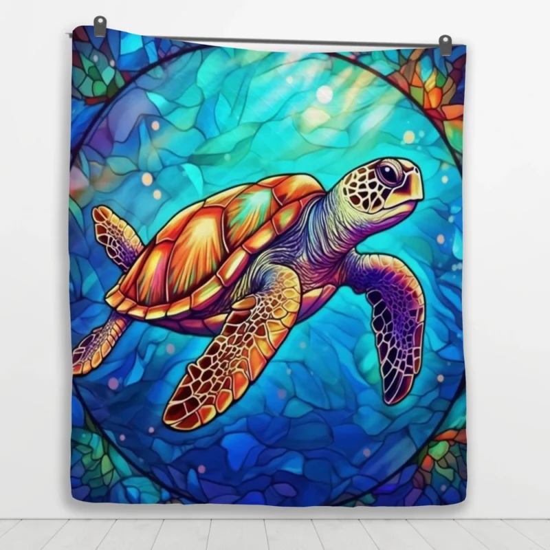 Colorful Sea Turtle with Sea Caption Quilt Blanket 1