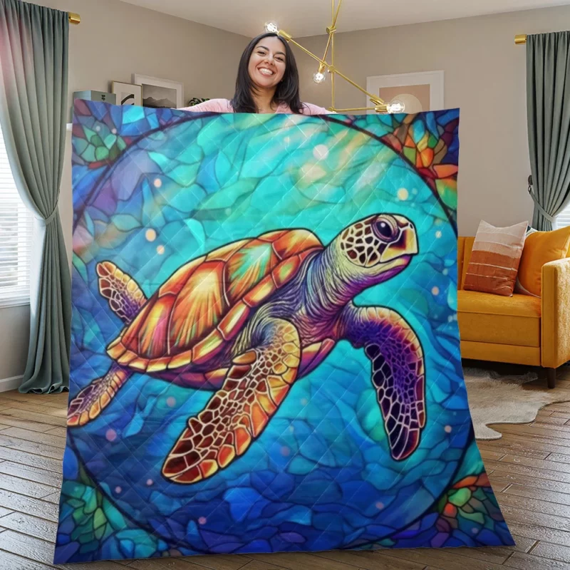 Colorful Sea Turtle with Sea Caption Quilt Blanket
