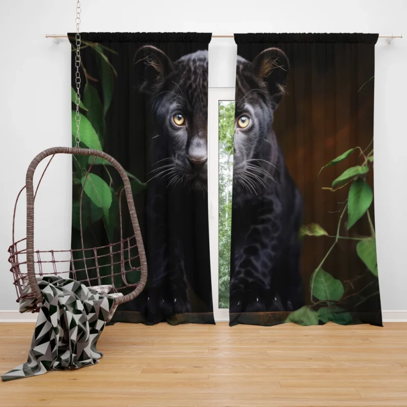 Cute Black Panther Cub Closeup Window Curtain