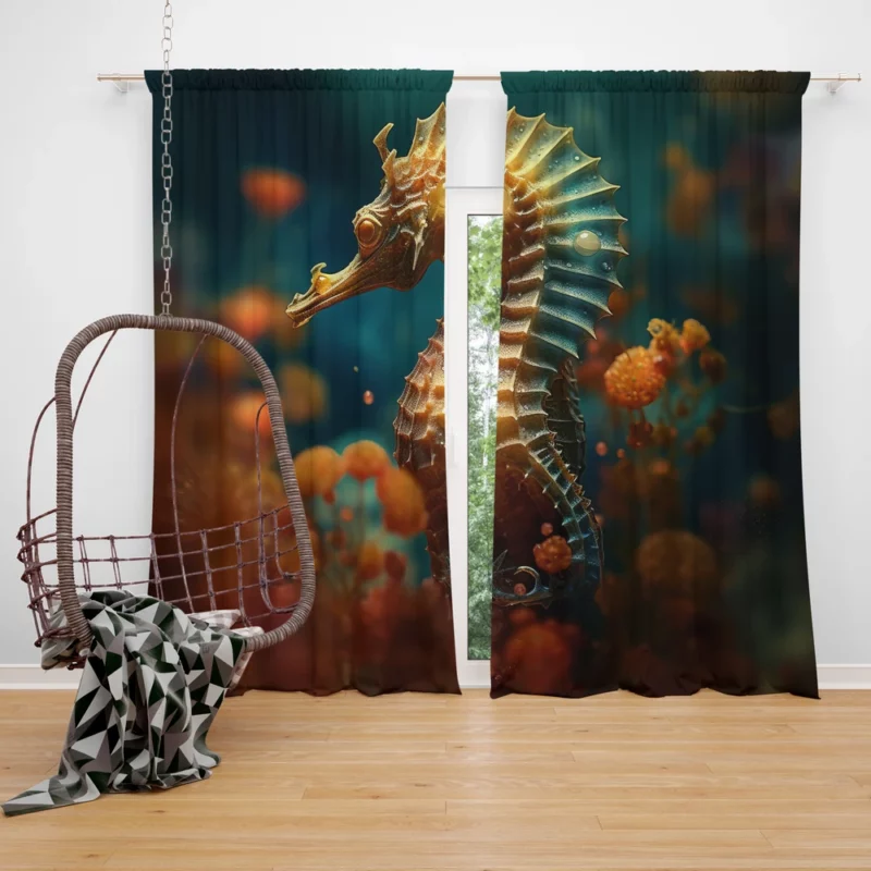 Delicate Seahorse Illustration Window Curtain