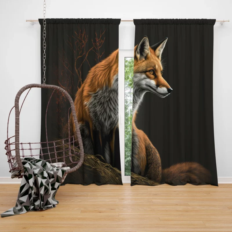 Fox Sitting on Hill Painting Window Curtain