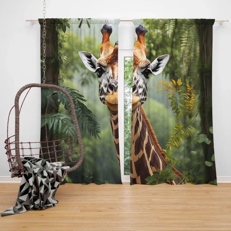 Giraffe Peering Through Trees Window Curtain