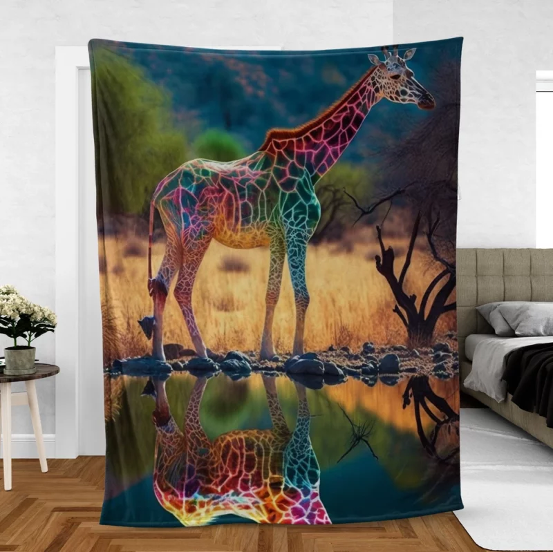Giraffe Pond Reflection Fleece Blanket