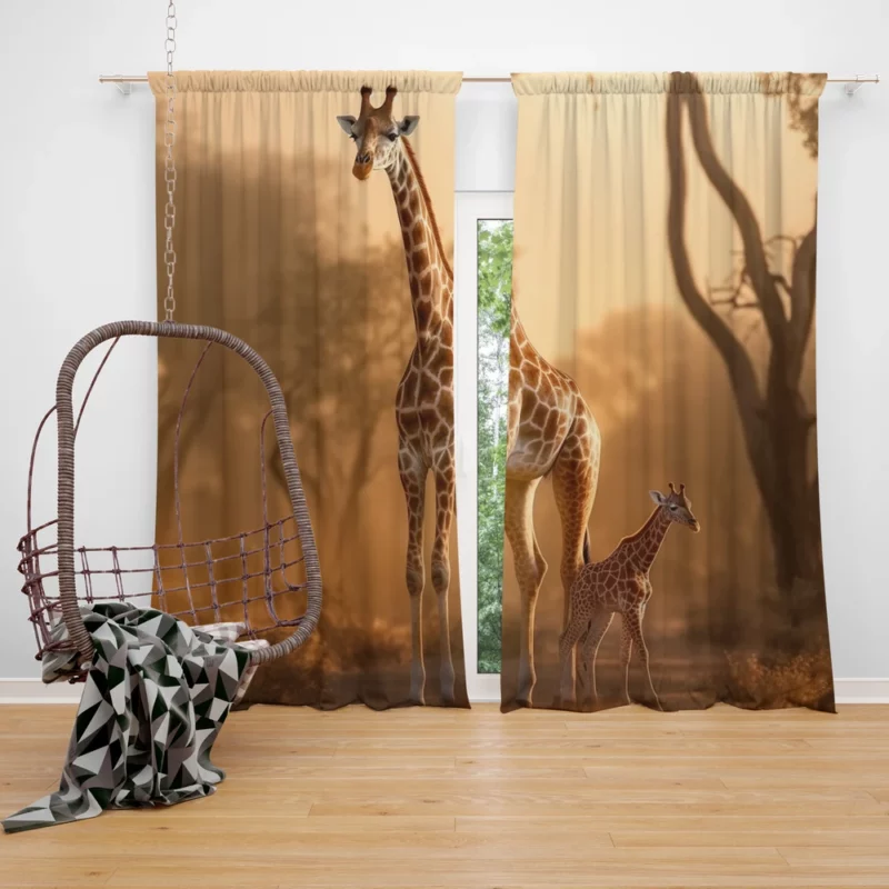Giraffe Stand Together In Forest Window Curtain