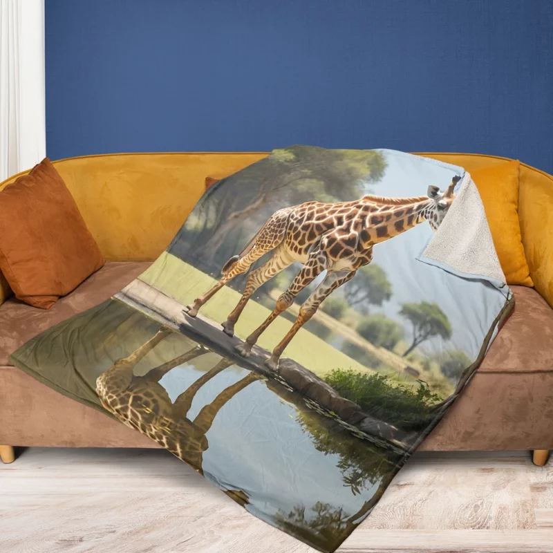Giraffe by a Pond Fleece Blanket 1