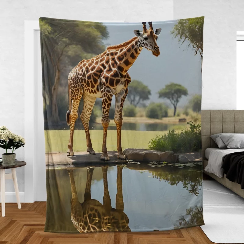 Giraffe by a Pond Fleece Blanket