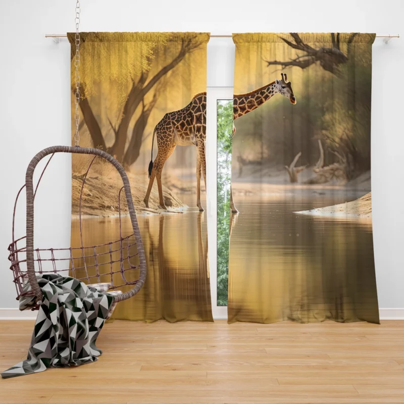 Giraffe by the Watering Hole Window Curtain