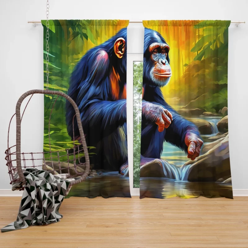 Happy Chimpanzee by the Water Window Curtain