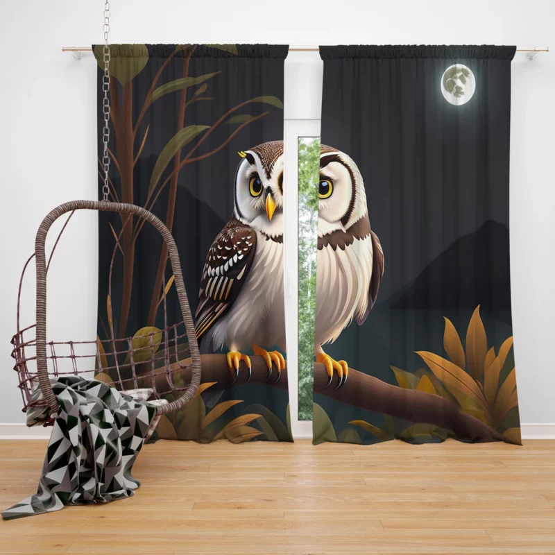 Owl Sitting on Branch Under Moon Window Curtain