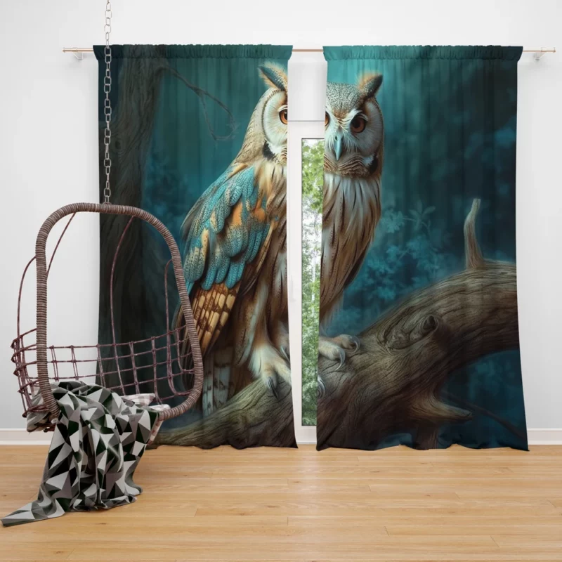 Owl Sitting on Tree Branch Window Curtain