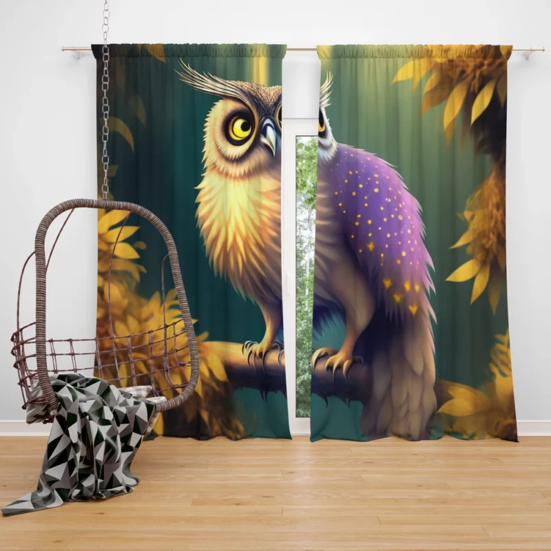 Purple and Yellow Owl Window Curtain