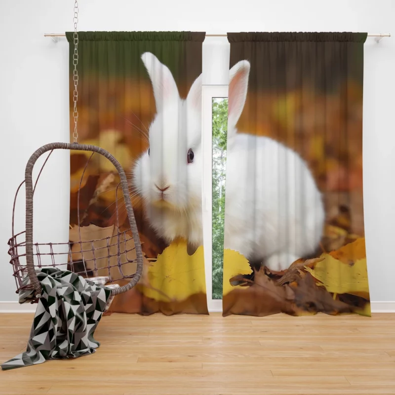 Rabbit in Autumn Leaves Window Curtain