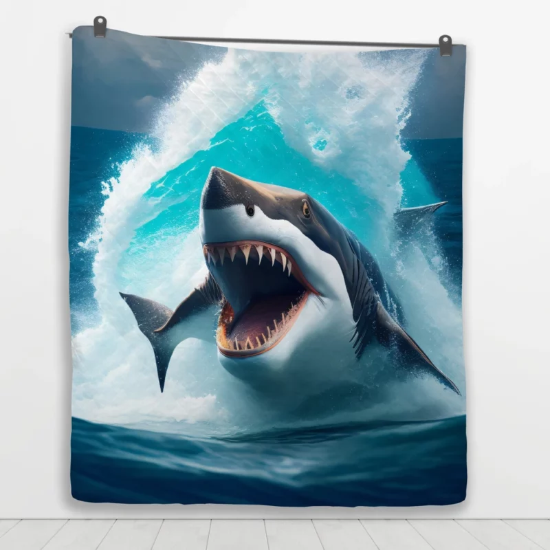 Shark Swimming with Mouth Wide Open Quilt Blanket 1