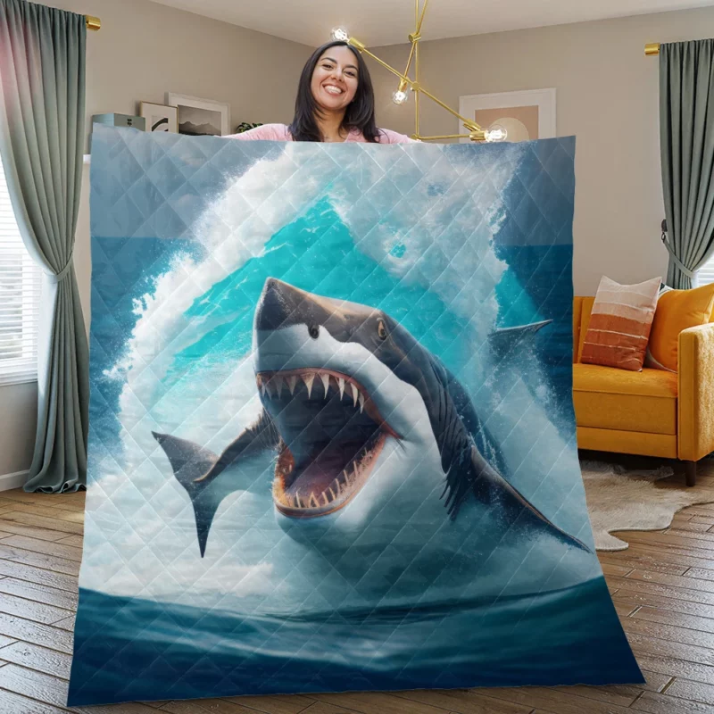 Shark Swimming with Mouth Wide Open Quilt Blanket