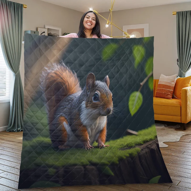 Squirrel on a Tree Stump with Bushy Tail Quilt Blanket