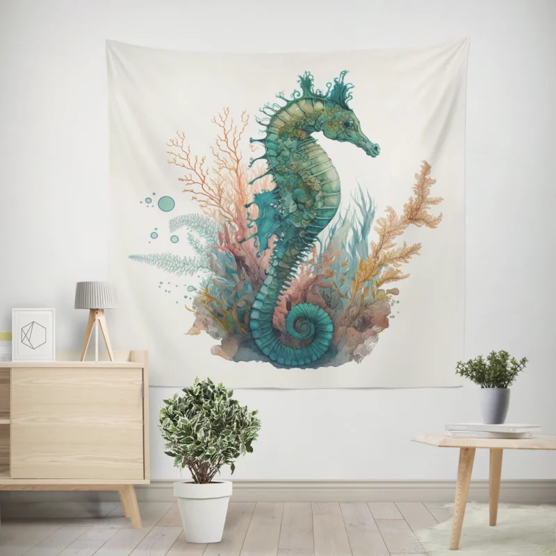 AI Generated Seahorse Painting Wall Tapestry