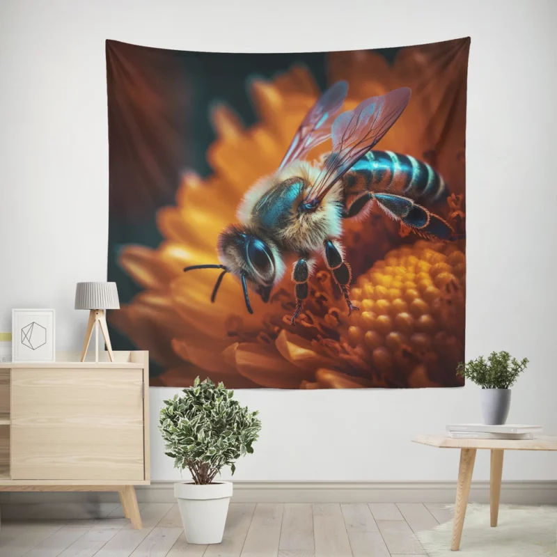 Bee on Blue Flower Wall Tapestry