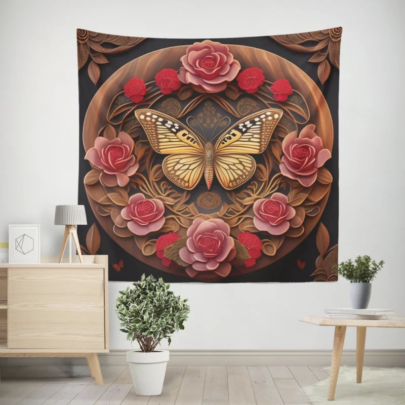 Butterfly With Red Roses Artwork Wall Tapestry