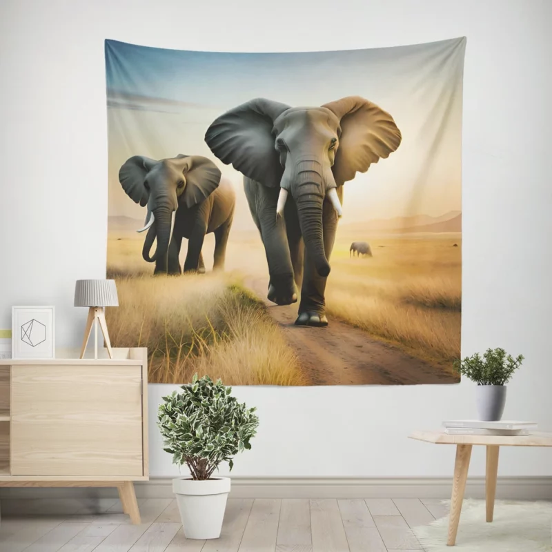 Elephants Walking in Desert Wall Tapestry
