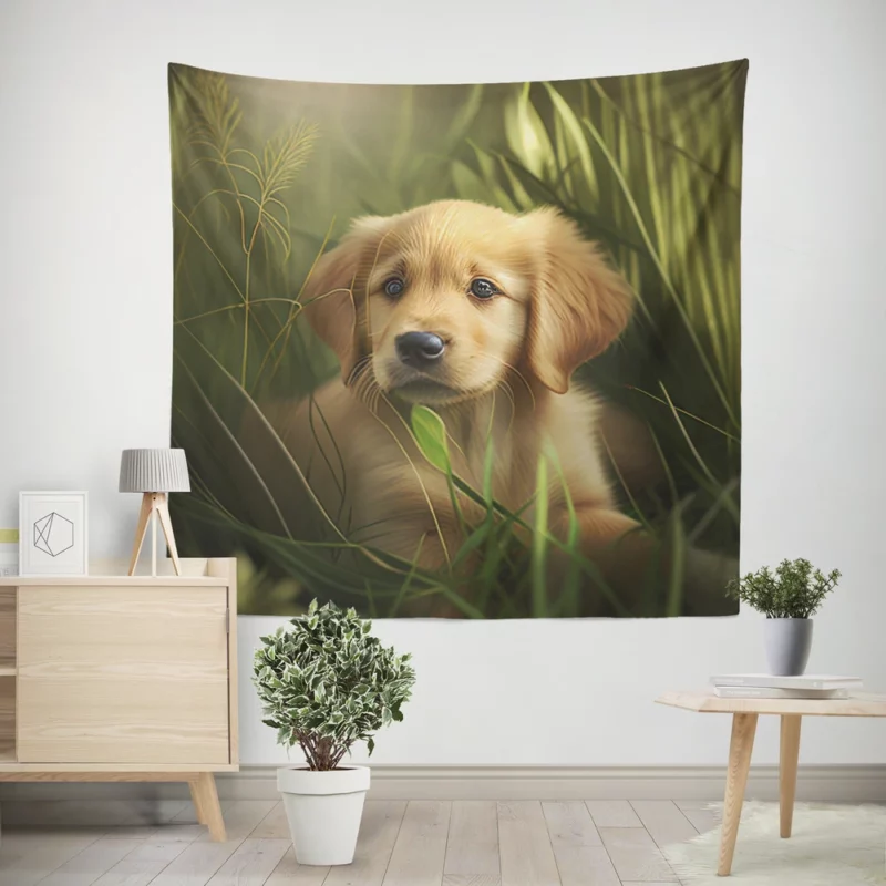 Golden Retriever Puppy in Grass Wall Tapestry