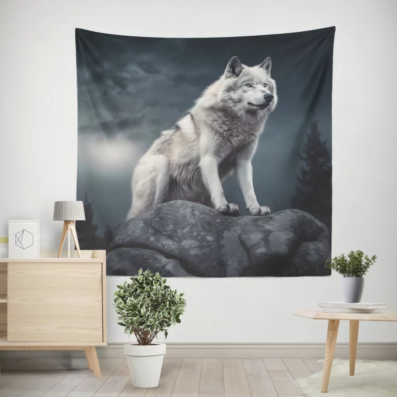 Grey Wolf Howling at Moon Wall Tapestry