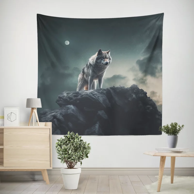 Grey Wolf Howling at Moonlight Wall Tapestry