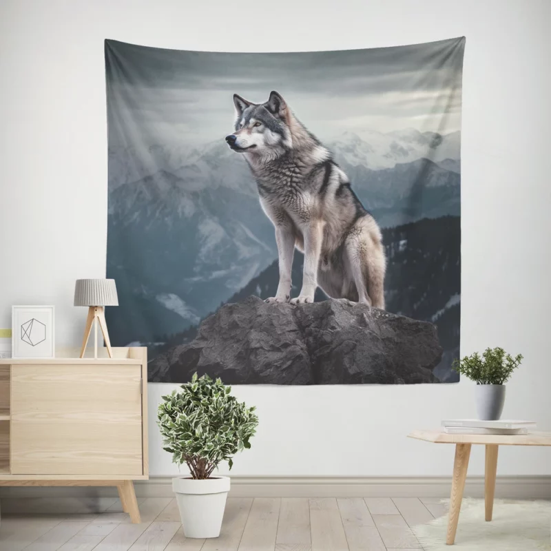 Grey Wolf Under Full Moon Wall Tapestry