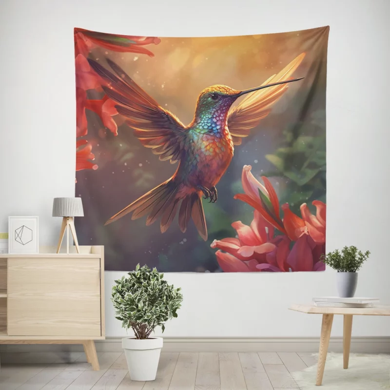 Hummingbird With Pink Flowers Wall Tapestry