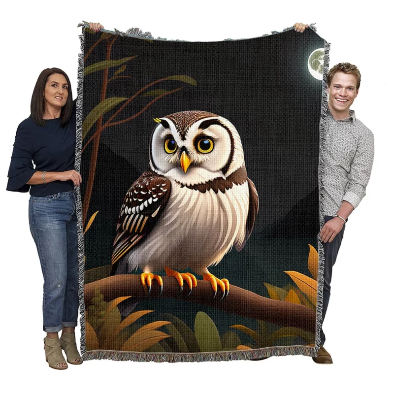 Owl Sitting on Branch Under Moon Woven Blanket