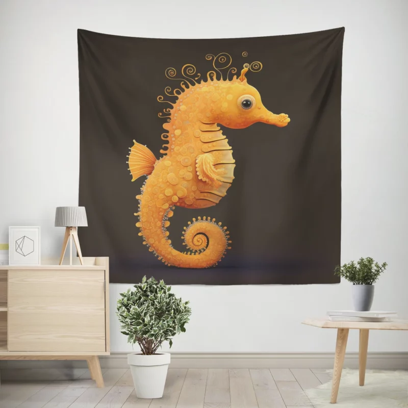 Seahorse Drawing on Black Wall Tapestry