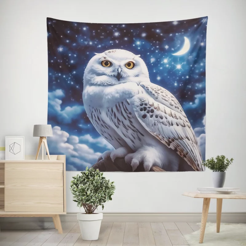 Snowy Owl Under Night Sky Wall Tapestry