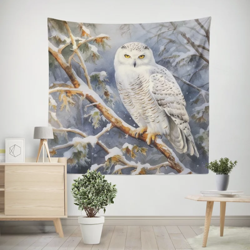 Snowy Owl in Winter Forest Wall Tapestry