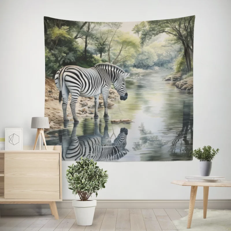Zebra Drinking Water Peacefully Wall Tapestry