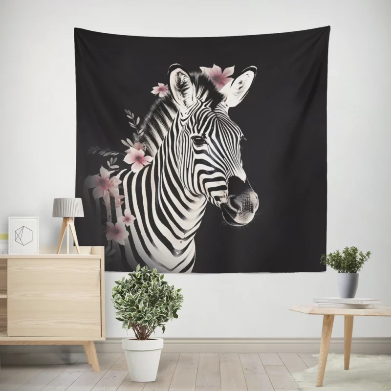 Zebra Headshot With Flowers Wall Tapestry